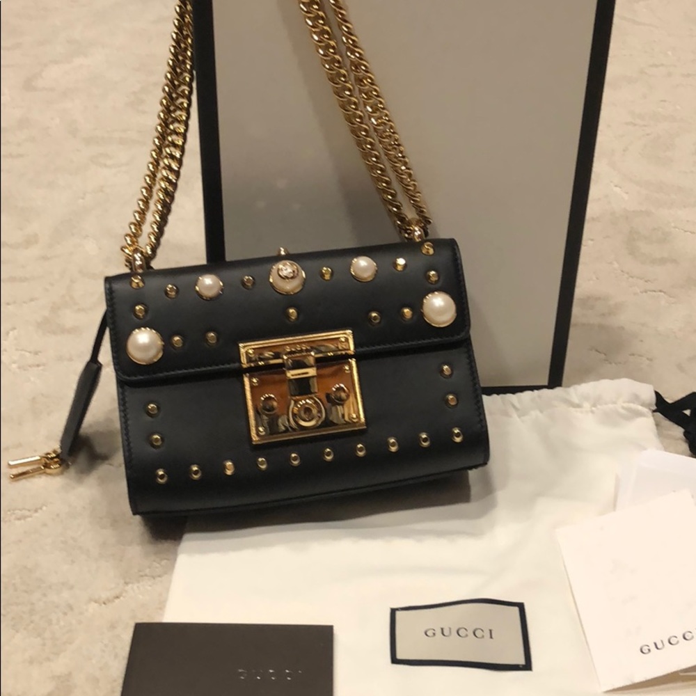 Gucci Padlock Pearl Studded Black Leather Bag